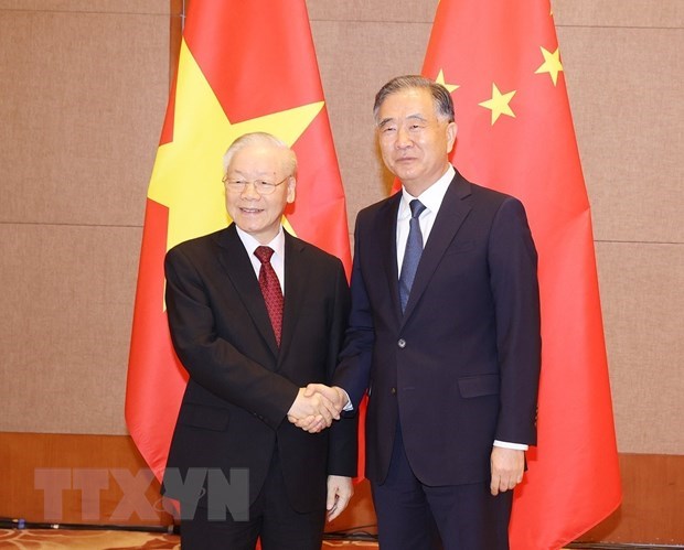 Tổng Bí thư Nguyễn Phú Trọng hội kiến Chủ tịch Chính hiệp Trung Quốc Uông Dương. (Ảnh: TTXVN)