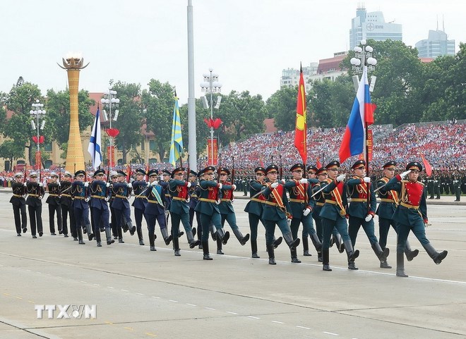 Khối Lực lượng vũ trang Liên bang Nga tại Lễ Kỷ niệm, diễu binh, diễu hành 80 năm Cách mạng tháng Tám thành công và Quốc khánh Việt Nam 2/9. (Ảnh: TTXVN)