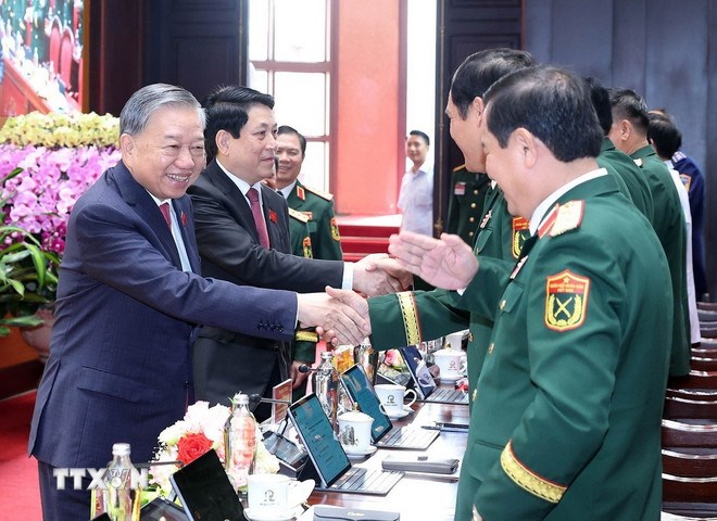 Tổng Bí thư Tô Lâm, Chủ tịch nước Lương Cường và các đại biểu. (Ảnh: TTXVN)