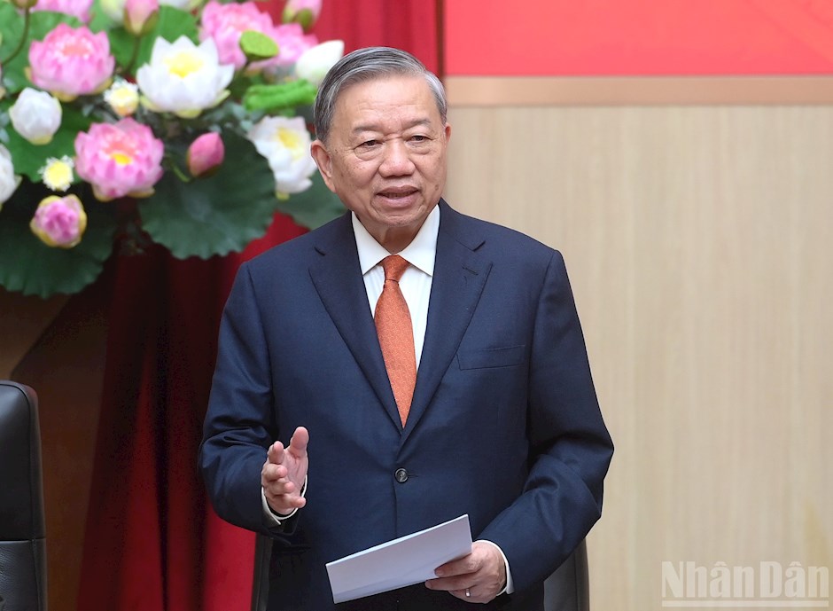 Tổng Bí thư Tô Lâm phát biểu kết luận Hội nghị Đảng ủy Công an Trung ương.