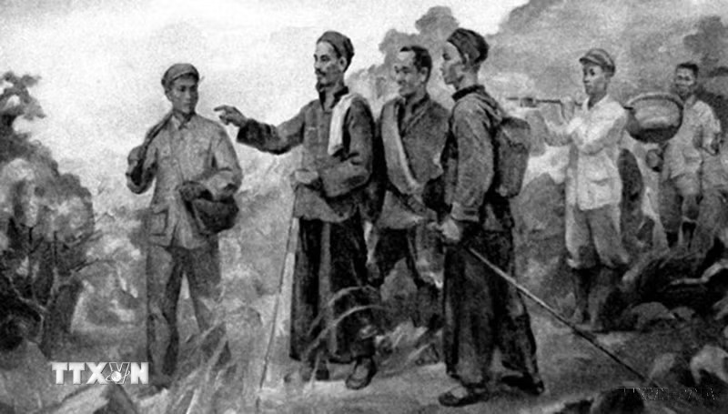 Sau 30 năm bôn ba, ngày 28/1/1941, Nguyễn Ái Quốc từ Trung Quốc về nước và ở tại Pác Bó (Cao Bằng), trực tiếp lãnh đạo đấu tranh cách mạng. Người chỉ ra rằng, trong điều kiện cụ thể của Việt Nam, con đường duy nhất phải theo là con đường cách mạng dân tộc dân chủ do Đảng tiên phong của giai cấp công nhân lãnh đạo đánh đổ đế quốc, thực dân, giành độc lập dân tộc, sau đó tiến lên thực hiện cách mạng xã hội chủ nghĩa. (Tranh tư liệu/TTXVN phát)