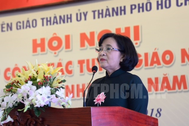 Trưởng Ban Tuyên giáo Thành ủy TPHCM Thân Thị Thư phát biểu tại hội nghị