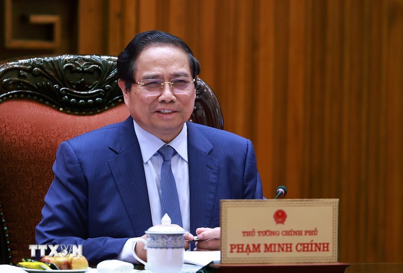 Thủ tướng Phạm Minh Chính làm việc với lãnh đạo Tập đoàn CT Group về phát triển lĩnh vực khoa học công nghệ cao. (Ảnh: Dương Giang/TTXVN)