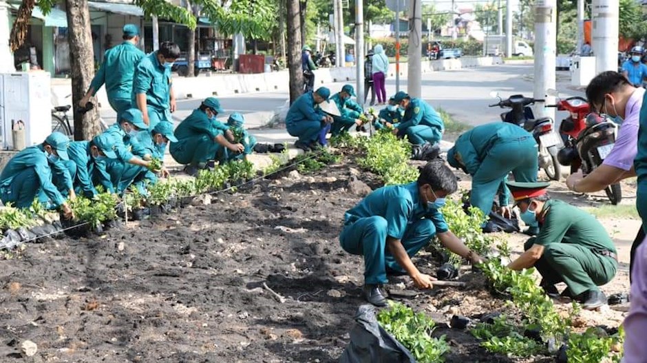 Ban CHQS thành phố Thủ Đức phối hợp phường Tam Bình trồng cây xanh tại nút giao thông cầu vượt Gò Dưa