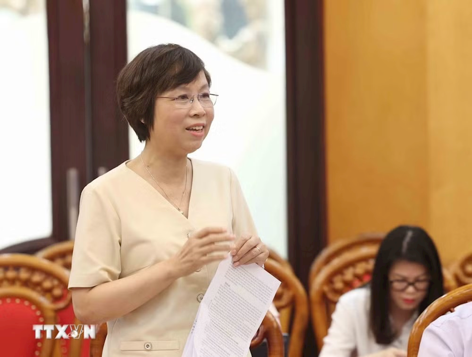 Đồng chí Vũ Việt Trang, Ủy viên Ban Thường vụ Đảng ủy các cơ quan Đảng Trung ương, Bí thư Đảng ủy, Tổng Giám đốc Thông tấn xã Việt Nam, Phó Trưởng Ban Tuyên giáo và Dân vận Trung ương, phát biểu tại buổi làm việc. (Ảnh: TTXVN)