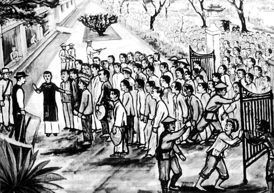 Tranh vẽ: Với tên Nguyễn Tất Thành khi còn là học sinh trường Quốc học Huế, ngày 09 tháng 5 năm 1908, Người tham gia biểu tình chống thuế tại Tòa khâm sứ Trung Kỳ. (Nguồn: Trung tâm Thông tin triển lãm TPHCM phát hành)