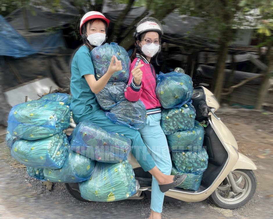 Chị Phùng Thị Thùy Trang vận chuyển rau từ vườn về tặng người dân