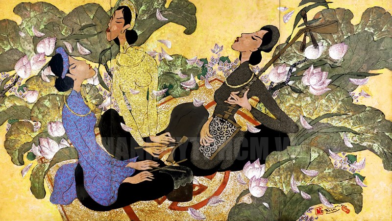 Bức sơn mài Hát chầu văn (120cm x 210cm, 2019) của Nguyễn Hoài Hương - một trong các tác phẩm được trưng bày tại triển lãm