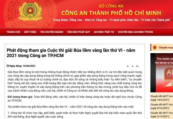 Thông tin về cuộc thi viết được đăng tải trên trang web của Công an TP Hồ Chí Minh. (Ảnh: catphcm.bocongan.gov.vn)