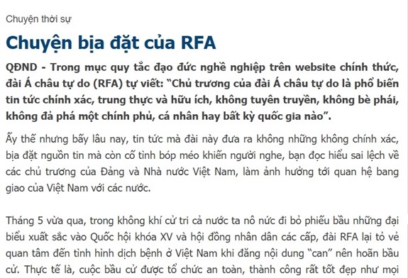 Bài "Chuyện bịa đặt của RFA" trên Báo Quân đội nhân dân. (Ảnh chụp màn hình từ trang web Báo Quân đội nhân dân Điện tử)