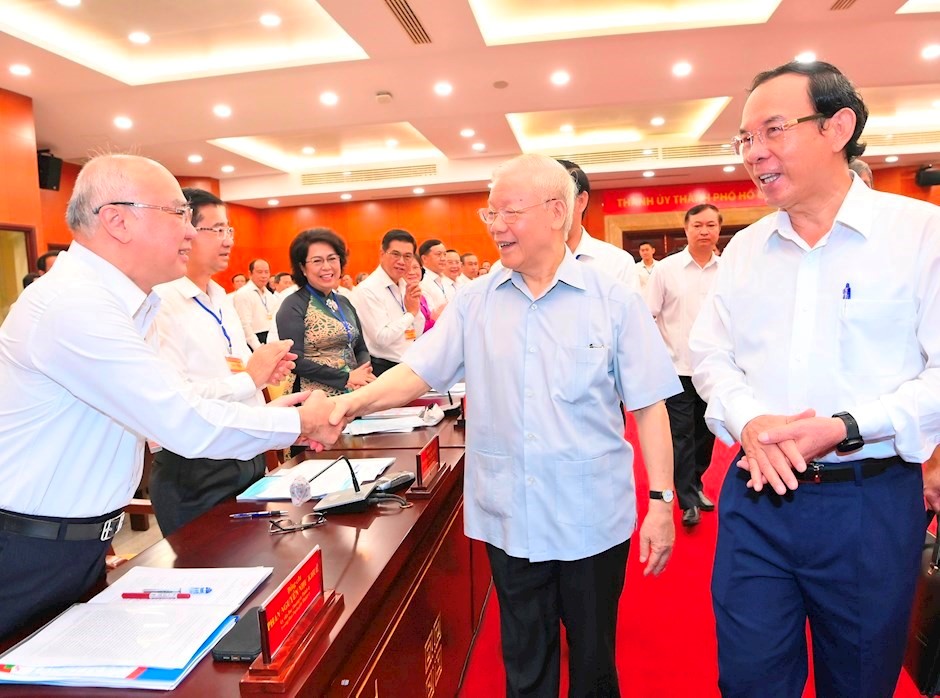 Tổng Bí thư Nguyễn Phú Trọng cùng các đại biểu tại buổi làm việc sáng 23/9/2022. (Ảnh: SGGP)