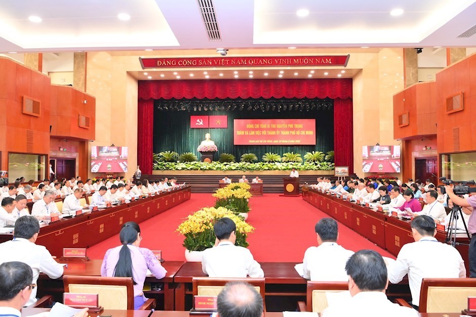 Quang cảnh buổi làm việc của Tổng Bí thư Nguyễn Phú Trọng với Thành ủy TPHCM sáng 23/9/2022. (Ảnh: SGGP)