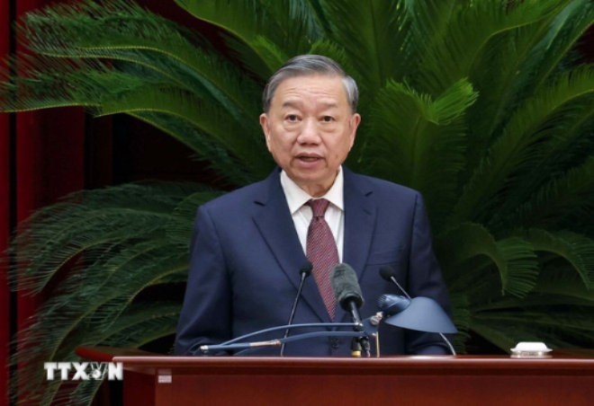 Tổng Bí thư Tô Lâm phát biểu bế mạc Hội nghị lần thứ mười hai Ban Chấp hành Trung ương Đảng khóa XIII. (Ảnh: TTXVN)