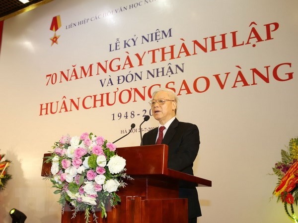 Tổng Bí thư Nguyễn Phú Trọng phát biểu tại Lễ kỷ niệm. (Ảnh: TTXVN)