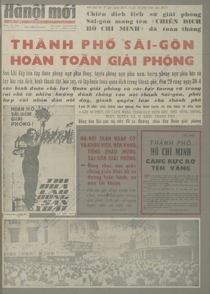 Trang nhất báo Hà Nội mới số ra ngày 1/5/1975. (Ảnh chụp lại từ Thư viện Quốc gia)