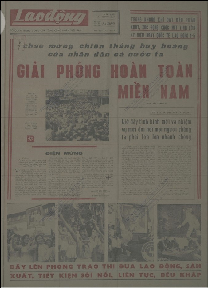 Trang nhất báo Lao động số ra ngày 3/5/1975. (Ảnh chụp lại từ Thư viện Quốc gia)