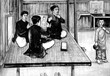 Chủ tịch Hồ Chí Minh (tên lúc nhỏ là Nguyễn Sinh Cung) sinh ngày 19 tháng 5 năm 1890 tại làng Hoàng Trù, xã Chung Cự, tổng Lâm Thịnh nay thuộc xã Kim Liên, huyện Nam Đàn, tỉnh Nghệ An. Thời niên thiếu, Nguyễn Sinh Cung là một học trò thông minh, chăm chỉ học tập, thích đọc truyện và thơ ca yêu nước. Những buổi đàm luận về thời cuộc giữa cha là cụ Phó bảng Nguyễn Sinh Sắc với những nhà yêu nước khác, đã sớm giáo dục cho cậu bé tinh thần yêu nước, thương dân. Tranh vẽ: Nguyễn Sinh Cung đang nghe c